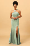 Mermaid Halter Long Chiffon Bridesmaid Dress with Slit