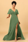 A Line V-Neck Long Chiffon Bridesmaid Dress with Slit