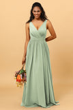 A Line V Neck Pleated Floor Length Long Chiffon Bridesmaid Dress