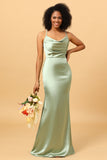 Mermaid Cowl Neckline Spaghetti Straps Long Satin Bridesmaid Dress