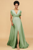 A Line V-Neck Floor Length Chiffon Bridesmaid Dress with Slit