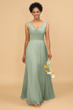 A Line V Neck Backless Chiffon Long Bridesmaid Dress