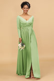 A Line V-Neck Long Sleeves Chiffon Bridesmaid Dress with Slit