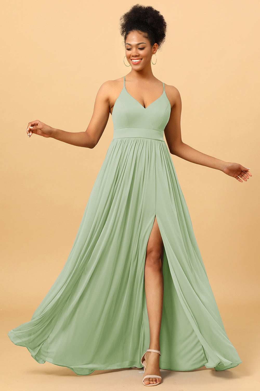 A Line Spaghetti Straps Ruched Chiffon Long Bridesmaid Dress with Slit