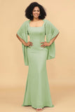 Mermaid Square Neck Long Chiffon Bridesmaid Dress with Cape