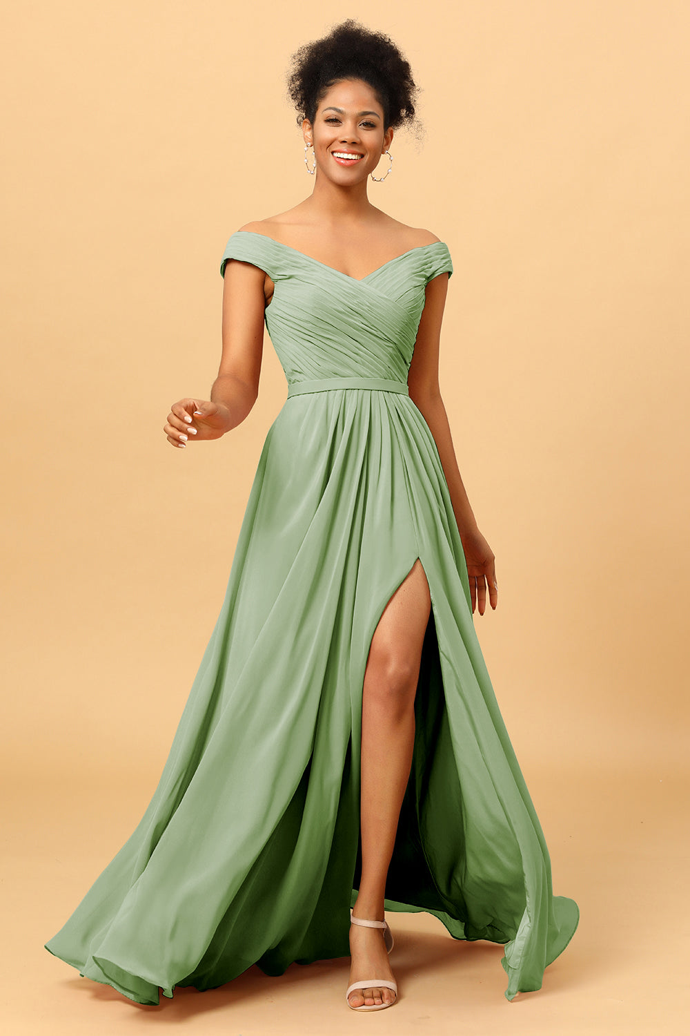 ruched bridesmaid dress long Stacees Off-Shoulder Chiffon Sky Blue Bridesmaid Dress with Pleats Front