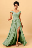A Line Off the Shoulder Ruched Long Chiffon Bridesmaid Dress with Slit