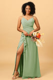 A Line Spaghetti Straps V Neck Chiffon Ruffled Long Bridesmaid Dress with Slit