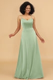 A Line Spaghetti Straps Floor Length Satin Bridesmaid Dress