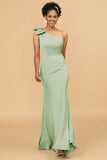 Mermaid One Shoulder Satin Long Bridesmaid Dress With Bowknot