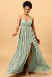 A-Line Spaghetti Straps Ruched Long Chiffon Bridesmaid Dress with Slit