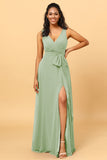 A Line V Neck Sleeveless Long Chiffon Bridesmaid Dress with Slit