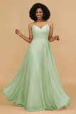 A Line Spaghetti Straps Chiffon Long Bridesmaid Dress