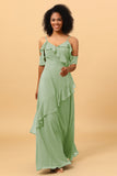 A Line Spaghetti Straps Long Chiffon Bridesmaid Dress with Ruffles