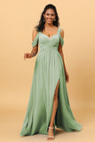 A Line V Neck Cold Shoulder Chiffon Bridesmaid Dress with Slit