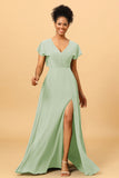 A Line V-Neck Ruched Chiffon Bridesmaid Dress with Slit