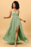 A Line Spaghetti Straps Ruched Long Chiffon Bridesmaid Dress with Slit