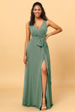 A Line V Neck Sleeveless Long Chiffon Bridesmaid Dress with Slit