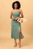 Sheath Spaghetti Straps Midi Chiffon Bridesmaid Dress with Slit