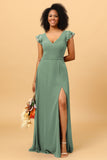 A Line V Neck Strapless Long Chiffon Bridesmaid Dress With Slit