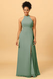 Sheath Halter Floor Length Open Back Chiffon Bridesmaid Dress with Slit