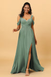 A Line V Neck Cold Shoulder Chiffon Bridesmaid Dress with Slit