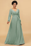 Long Sleeves V-Neck Chiffon Bridesmaid Dress with Bowknot