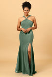 Mermaid Halter Long Chiffon Bridesmaid Dress with Slit