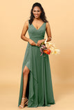 A Line V Neck Floor Length Chiffon Bridesmaid Dress With Slit