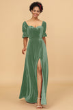 A Line Sweetheart Flare Sleeves Velvet Bridesmaid Dress with Slit