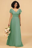 V-Neck Cape Long Floor Length Chiffon Bridesmaid Dress