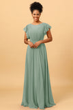 A Line Bateau Neck Ruched Long Chiffon Bridesmaid Dress with Ruffles