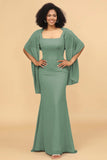 Mermaid Square Neck Long Chiffon Bridesmaid Dress with Cape