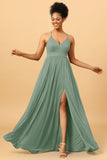 A Line Spaghetti Straps Ruched Chiffon Long Bridesmaid Dress with Slit