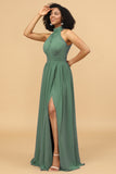 A Line Halter Ruched Floor Length Chiffon Bridesmaid Dress with Slit