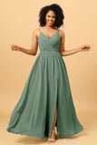 Ruched Long Floor Length Chiffon Bridesmaid Dress with Slit