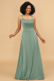 A Line Spaghetti Straps Floor Length Satin Bridesmaid Dress