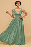 A Line Deep V-Neck Backless Floor Length Bridesmaid Dress