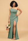 Mermaid One Shoulder Satin Long Bridesmaid Dress with Slit