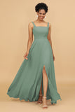 Sheath Square Neck Floor Length Chiffon Bridesmaid Dress