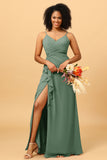 A Line Spaghetti Straps V Neck Chiffon Ruffled Long Bridesmaid Dress with Slit