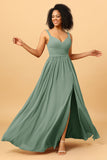 Spaghetti Straps Long Chiffon Bridesmaid Dress with Slit