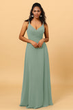 A Line V Neck Spaghetti Straps Floor Length Long Chiffon Bridesmaid Dress