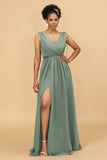 A Line Ruched V-Neck Sleeveless Chiffon Bridesmaid Dress with Slit