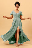 A-Line V Neck Ruched Long Chiffon Bridesmaid Dress with Slit