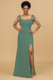 Sheath Spaghetti Straps Long Chiffon Bridesmaid Dress with Slit