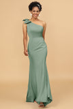 Mermaid One Shoulder Satin Long Bridesmaid Dress With Bowknot