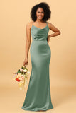 Mermaid Cowl Neckline Spaghetti Straps Long Satin Bridesmaid Dress