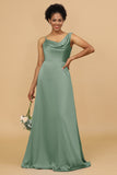 A Line Asymmetrical Neck Satin Floor Length Bridesmaid Dress