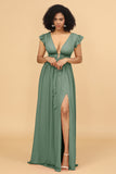 A Line Deep V-Neck Long Chiffon Bridesmaid Dress with Slit